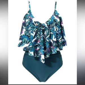 NWOT Suuksess Blue Tropical Ruffle One Piece Swimsuit Size L Light Flaw